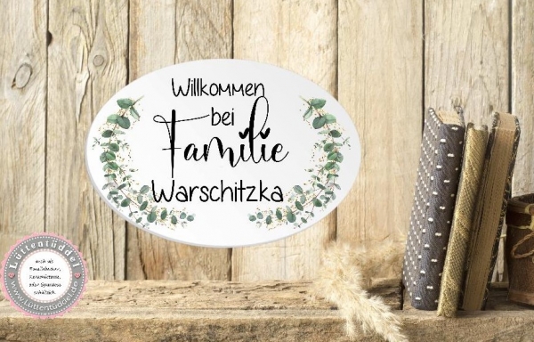 zauberhaftes ovales Türschild Eukalyptus und Wunschname - zur Einweihung, Richtfest, Einzug Geburtstag vonLüttentüddel®